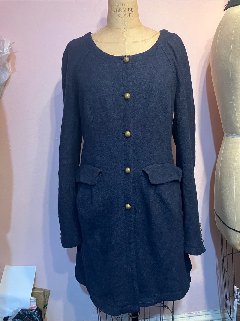 Free People Navy Long-Sleeve Button Front Coat